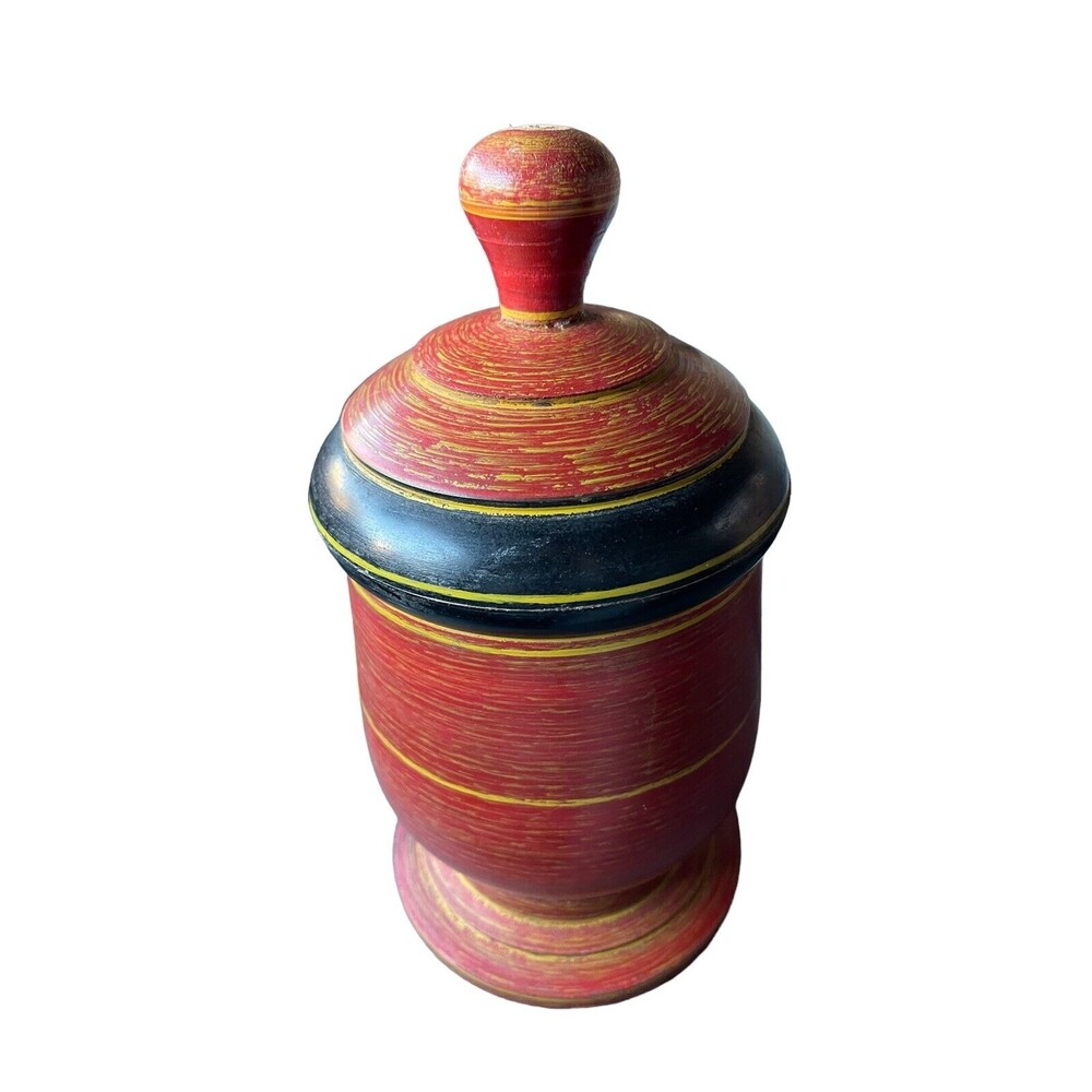 Vintage Wood Tika Box Spice Box Tea Box Hand Carved Lacquer Painted Ring Designs - Picture 5 of 5